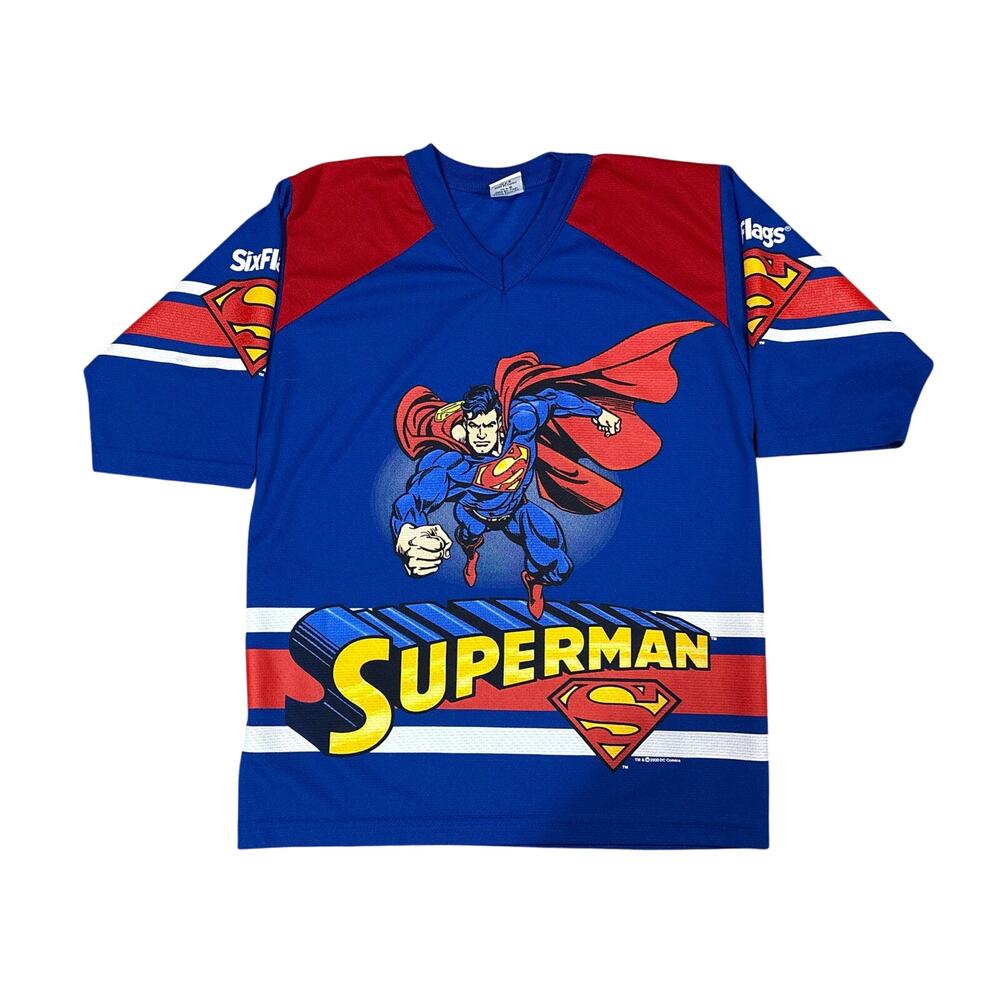 Vintage y2K Six Flags Superman Hockey Jersey unisex Size Small 18x25 DC comics